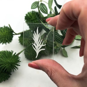 Peut inclure: Un tampon en acrylique transparent avec un motif en relief blanc d'une seule branche de feuille.