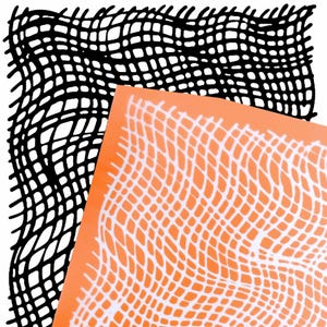 May include: A square stencil featuring a black grid pattern with distorted, wavy lines. A second, overlapping square stencil is light orange with a white grid pattern that mirrors the same distorted, wavy lines as the black stencil.