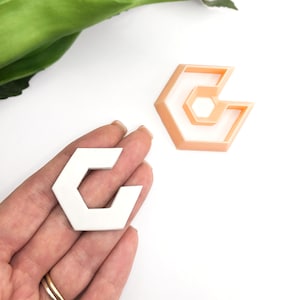 Pode incluir: Dois cortadores de biscoitos geométricos. Um é branco e é segurado em uma mão, o outro é cor de pêssego. Ambos os cortadores têm uma forma externa hexagonal com um design hexagonal interno.