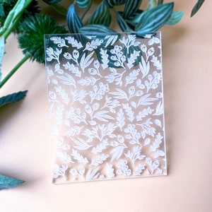 Textuurstempel tuinbloemen, winterbessen Helder acryl reliëfplaat • Oorbelmakers van polymeerklei en koekjesdecorateurs Gereedschap