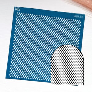 May include: A teal stencil featuring a repeating pattern of white teardrops. The stencil has the word "Paku" in the upper left corner and "SKU# 366" in the upper right corner. A black and white teardrop pattern is in the lower right corner.