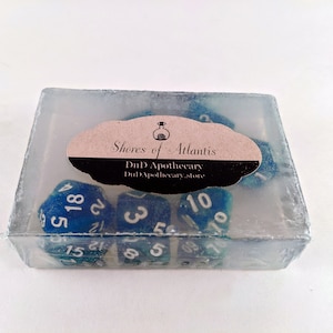 Shores of Atlantis Large Bar Soap Dungeons and Dragons Inspired Soap with Full 7 Piece Set of Dice Inside 3.5 Ounce Bar Soap