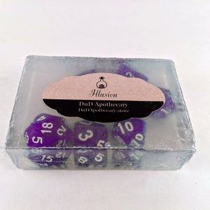 Illusion School of Magic TTRPG Dungeons and Dragons Inspired Fragrance Bar Soap with Full 7 Piece TTRPG Dice Inside