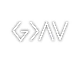 May include: White graphic design on a white background. The design features the letters "G > AV" in a minimalist, outlined style. The letters have a slight shadow effect, giving them a 3D appearance.