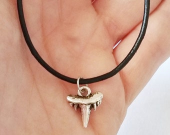 Shark tooth black leather cord adjustable necklace, shark necklace, sharck leather jewelry