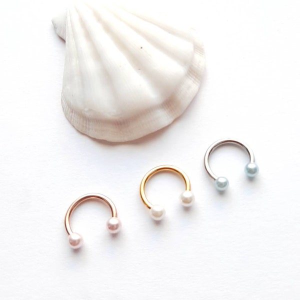 Gold pearl horseshoe 14g or 16g tragus circular barbell