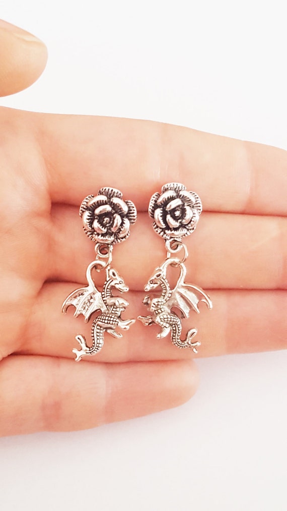 Tiny Dragons With Rose Stud Earrings Stud Earrings Gift for Etsy