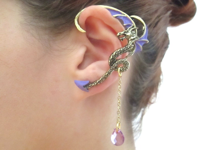 Dragon ear cuff with purple wings and purple tear drop chain Etsy