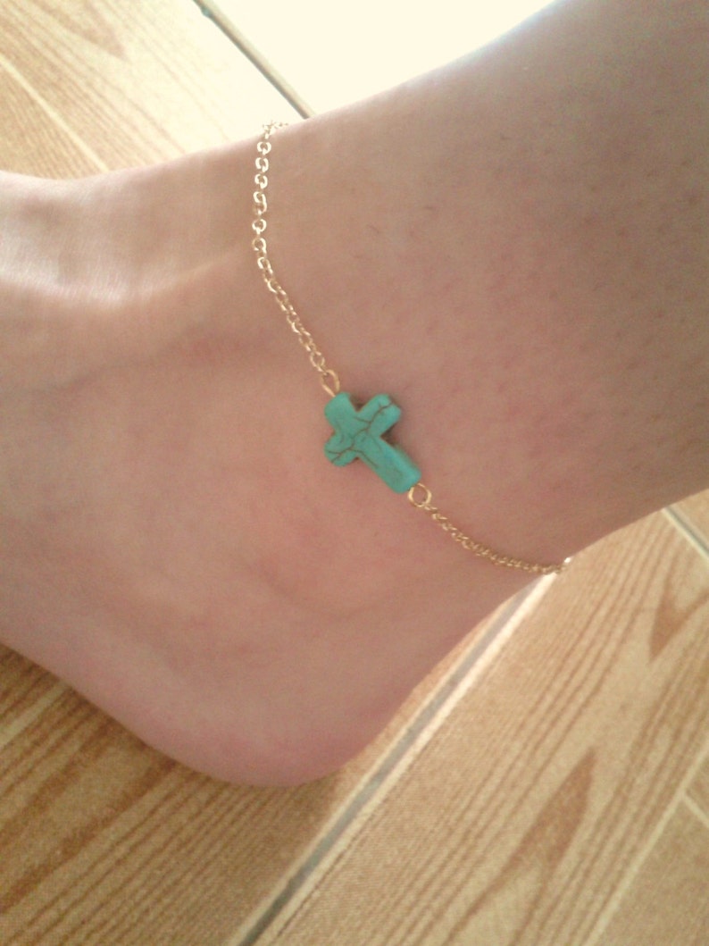 Turquoise cross ankle golden chain cross foot bracelet Etsy