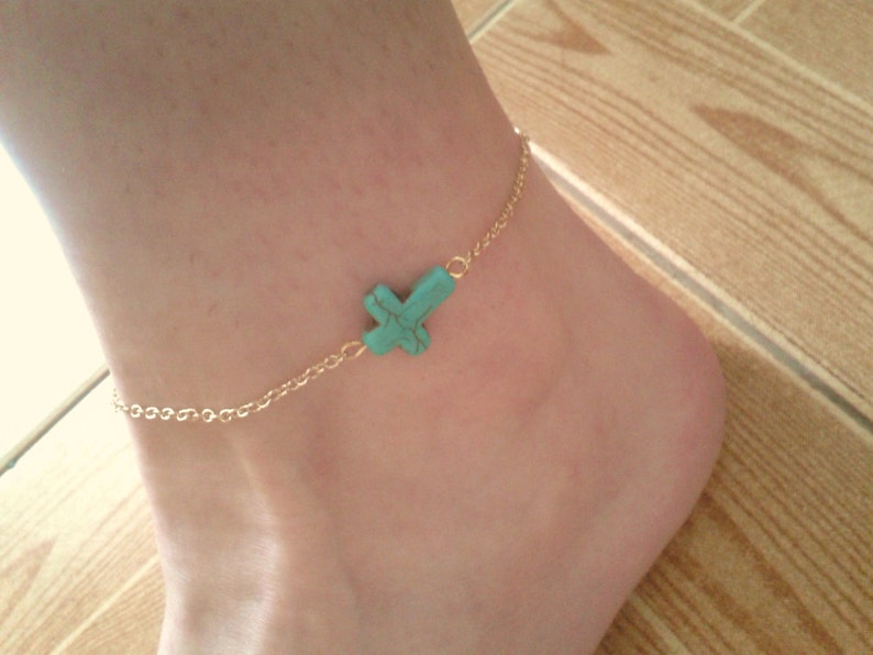 Turquoise cross ankle golden chain cross foot bracelet Etsy