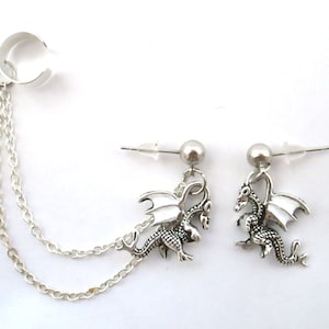 Delicate Dragon Ear Cuff with Tiny White Wings and Dangling Chain