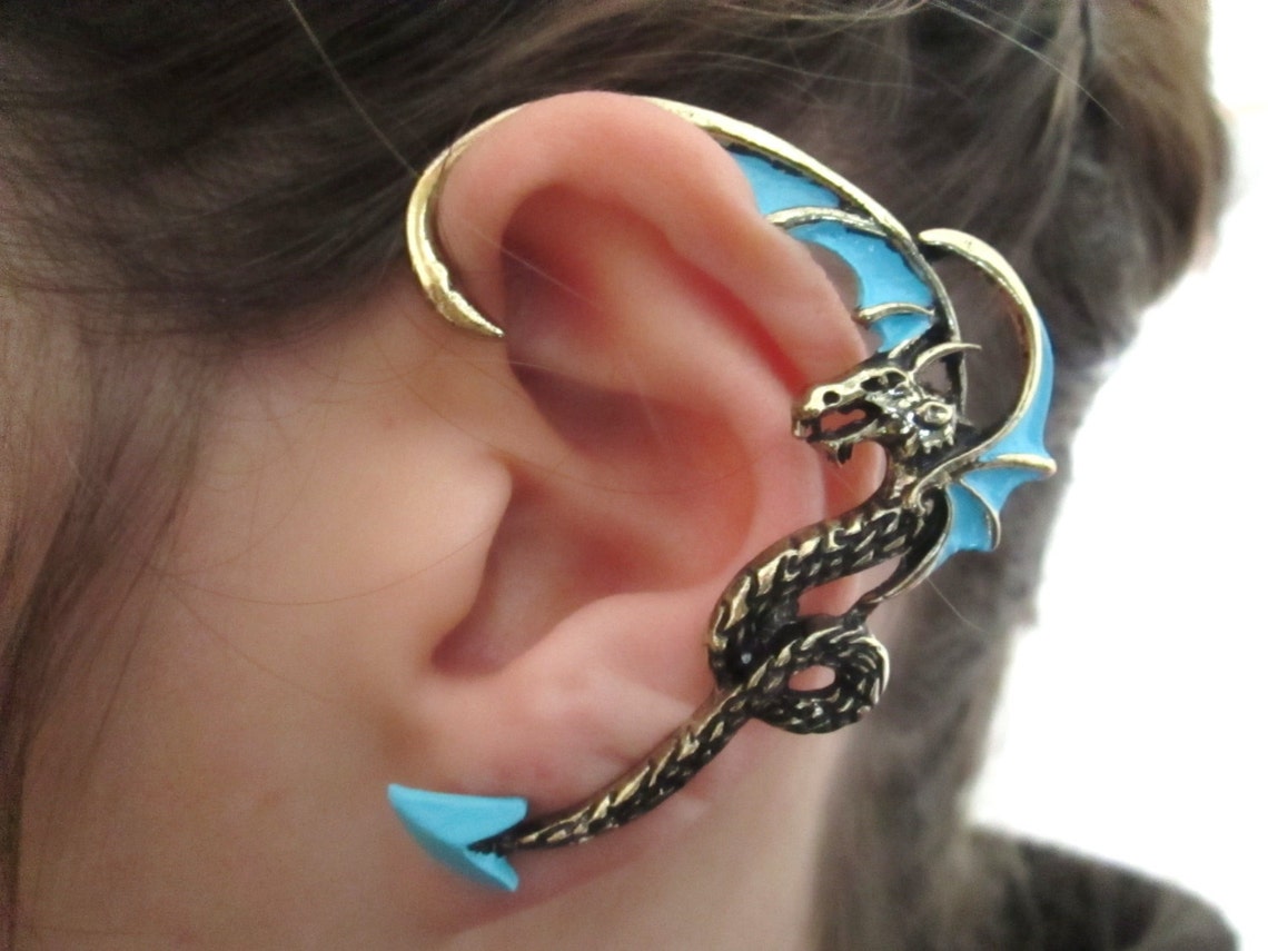 Dragon ear cuff with turquoise wings gold dragon jewelry Etsy