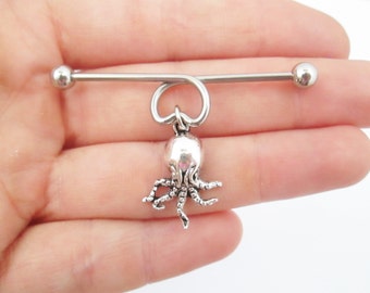 Tiny octopus industrial barbell earring