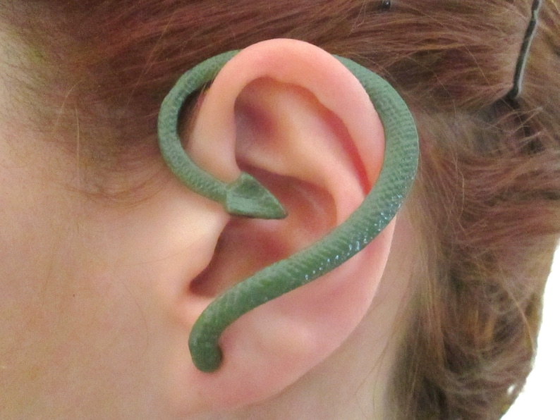 SALE Dark green snake ear cuff with black eyes