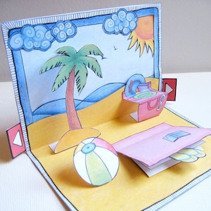 Day at the beach: DIY Pop Up Card & Envelope Set. Greeting card/invitation with blank, hidden note! Printable PDF for instant download