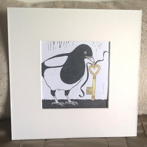 The Treasure Seeker Linocut Print Hand-Embellished with Gold Leaf