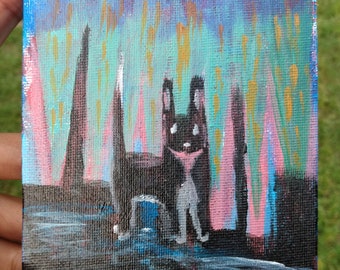 4x4 Original Acrylic Painting dog abstract animal art dark black pink surreal cute in forest