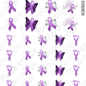 Fibromyalgia, Alzheimers, Lupus, Pancreatic Cancer, Crohn&#39;s Disease, Epilepsy Awareness Purple Ribbon Nail Art Decal Sticker Set RIB905
