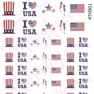 May include: A sheet of 4th of July themed nail decals featuring red, white, and blue stars, flags, hats, and the phrase "I love USA".