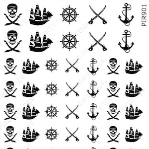 May include: Sheet of black pirate-themed nail art stickers. Designs include skulls with bandanas and crossed swords, pirate ships, ship wheels, crossed swords, and anchors. The stickers are arranged in a repeating pattern.