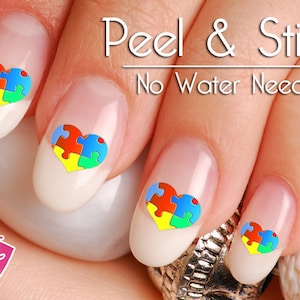 Autism Awareness Heart Nail Art Decal Sticker Set - Ribbon Puzzle Piece Heart Nail Decals AUT155 Perfect Gift