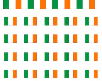 May include: Sheet of stickers featuring the flag of Ireland. The stickers are rectangular with vertical stripes of green, white, and orange. The design is repeated in various sizes across the sheet. The text "FLG135" is in the upper right corner.