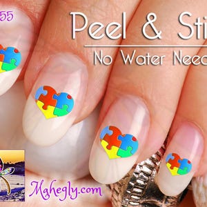 Autism Awareness Heart Nail Art Decal Sticker Set - Ribbon Puzzle Piece Heart Nail Decals AUT155 Perfect Gift