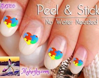 Autism Awareness Heart Nail Art Decal Sticker Set - Ribbon Puzzle Piece Heart Nail Decals AUT155 Perfect Gift