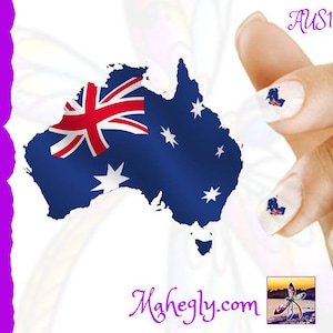 May include: Nail art decals featuring the Australian flag in the shape of the country's outline. The decals are shown on a fingernail. The image also includes the text "AUS101" and "Mahegly.com".
