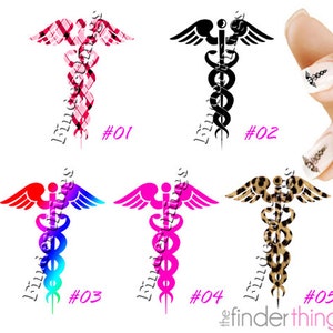 May include: Five different designs of nail decals featuring the caduceus symbol. The designs include plaid, black, rainbow, pink, and leopard print.