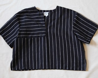 Boxy Minimal Top in Luxury Black and Beige Linen Stripe