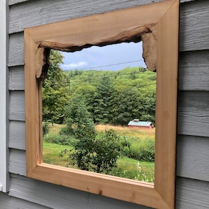 Reclaimed hemlock mirror with grainy book matched live edge maple inserts, eclectic style, handmade, unique, 26 1/2" W X 26 1/2" H