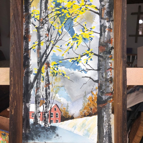 signed original art, watercolor " Silver Birch " framed in reclaimed wormy chestnut, country style, wall decor, unique, 11" W X 17" H