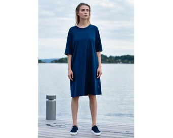 VENTA FINAL / Vestido oversize de algodón estampado de mano azul marino