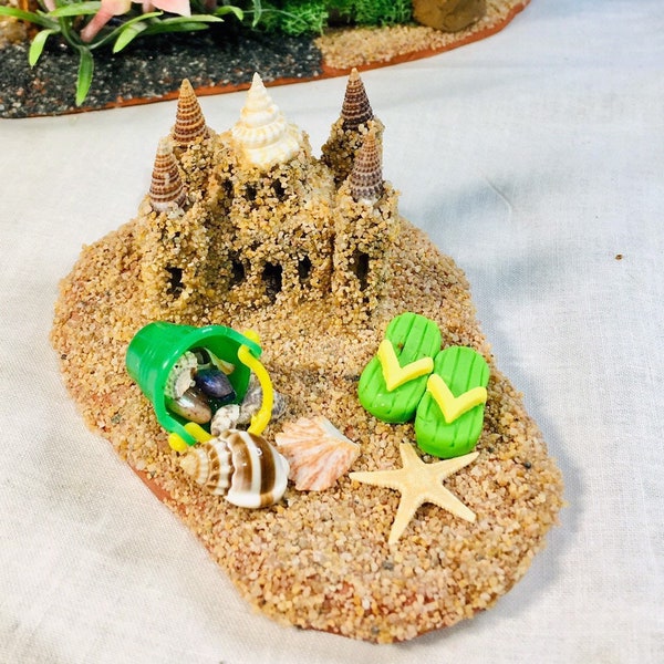 OOAK Miniature Sand Castle, Miniature Beach Pail with Tiny Shells, miniature Flip Flops, Miniature Fairy Castle, Fairy Garden Accessory