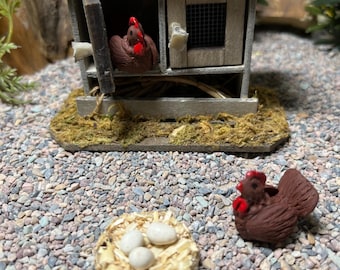 Miniature Brown Chicken, Coop Set, Hand Made Farm Animals, 1:12 Scale