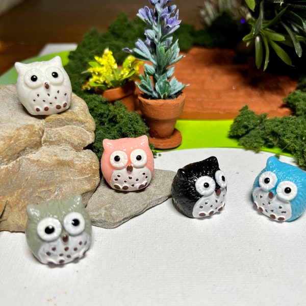 Miniature Resin Owls, Set of 5 Mini Owls, Fairy Garden Accessories