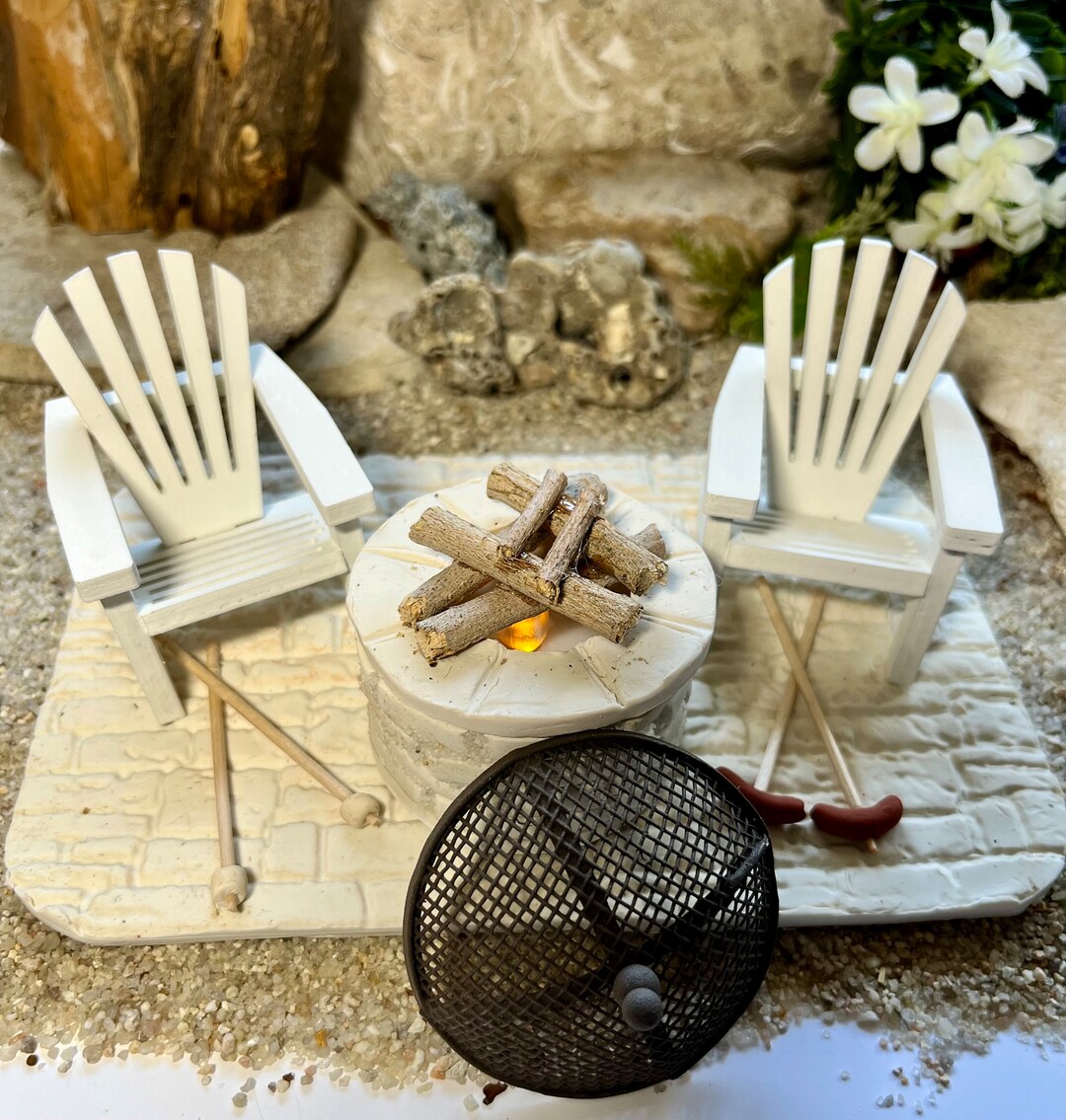 1:12 Scale Miniature Lighted Fire Pit Scene, Mini White Wood Adirondack ...
