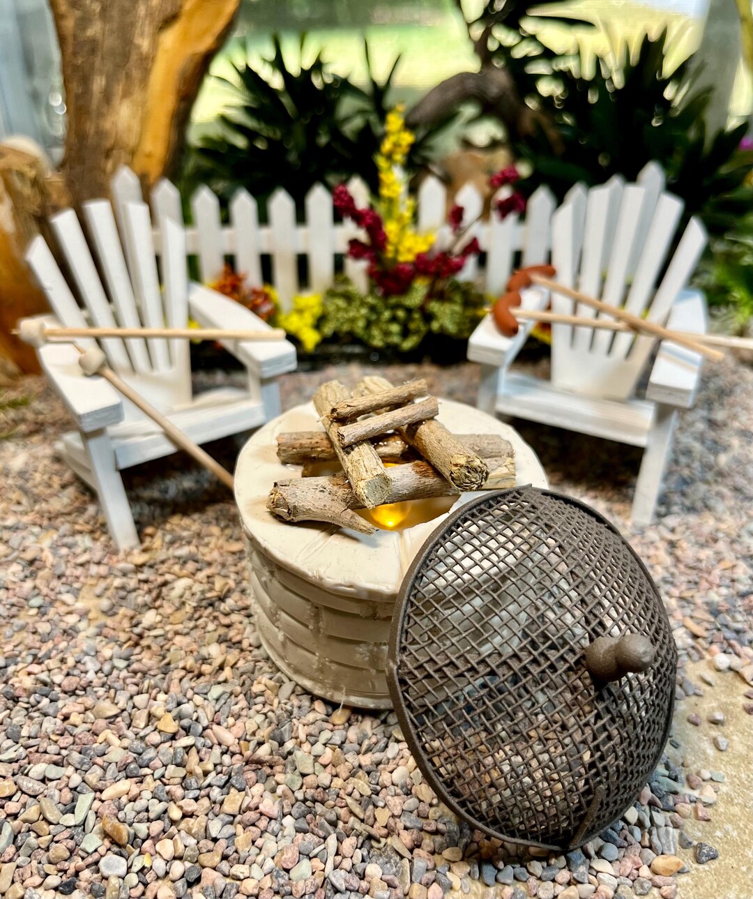 1:12 Scale Miniature Lighted Fire Pit Scene, Miniature Wood Adirondack ...
