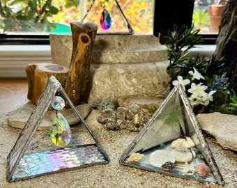 Set of Stained Glass Chrystal Sun Catcher and Glass Triangular Sea Memories box, Unique, One of a Kind Gift