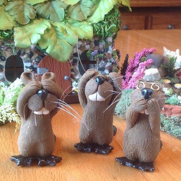 OOAK Beaver Trio, See No Evil, Hear No Evil, Speak No Evil, Beaver Miniatures