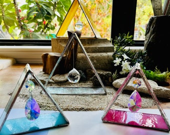 Stained Glass Triangle & Crystal Prism Sun Catcher, Unique Gift, Hand Made One of a Kind Decoration, orders of 35.00 and over ship free!