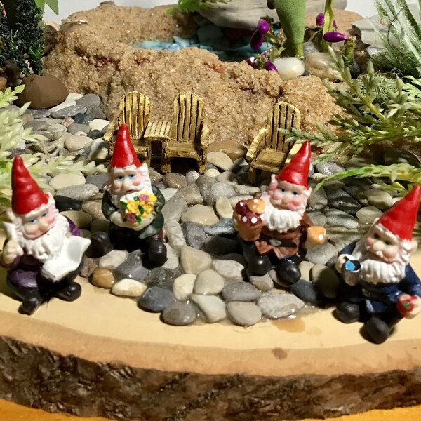 Tiny Miniature Gnomes, Tiny Miniature Wood Look Adirondack Chairs, Miniature Garden Gnomes