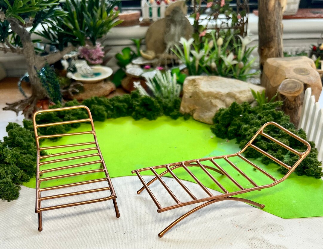 Miniature Set of 2 Beach Lounge Chairs, Dollhouse or Fairy Garden