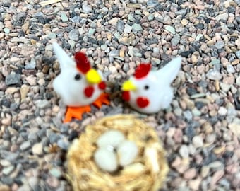 Miniature Glass Chickens: Farm Animal Scene with Nest