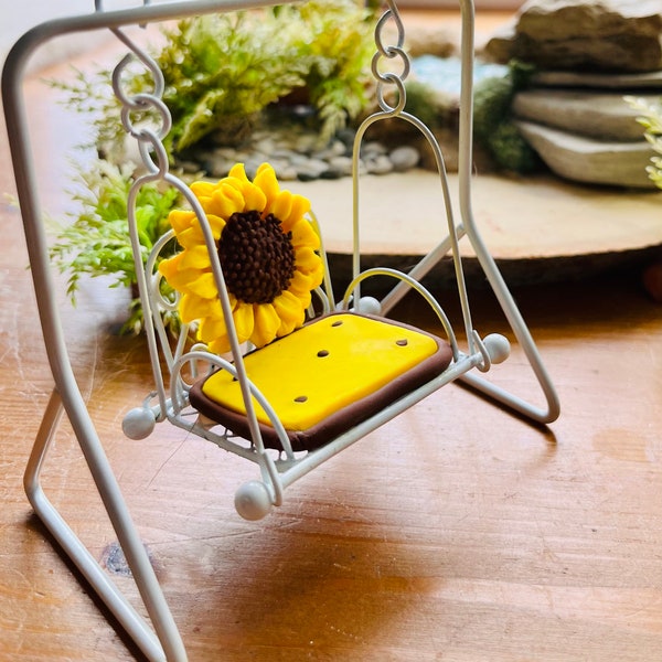 Miniature Sunflower Swing, Fairy Garden Swing, Miniature Indoor or Outdoor Garden Swing