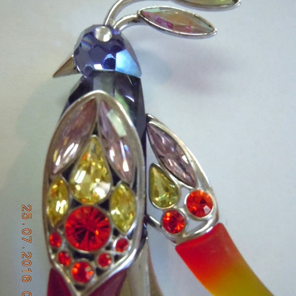 Swarovski Brooch Bird of Pardise Pin Multi Color Crystal Created by Daniel Sterling Silver Costume Jewelry Statement Piece Unique Mint