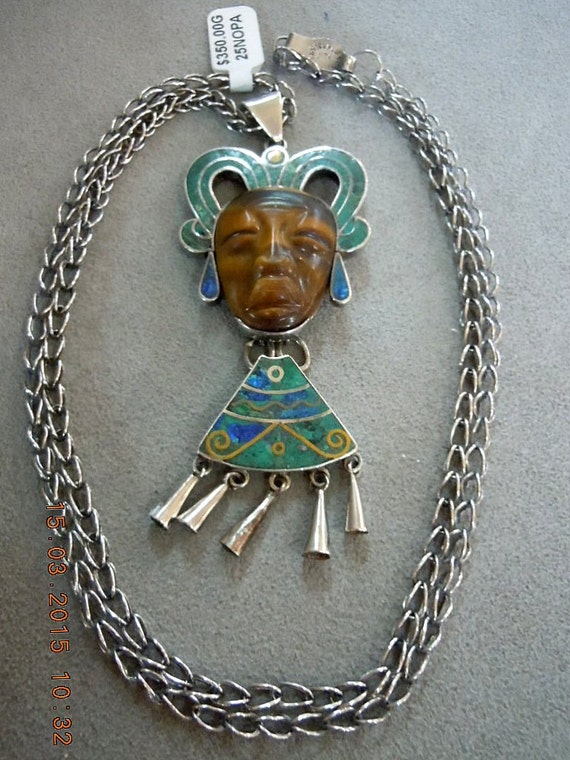 Taxco Sterling Silver Necklace Vintage Carved Tig… - image 1