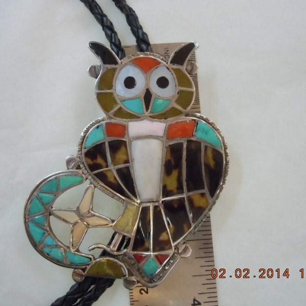 Tourquoise Zuni Owl Bolo Tie Coral Onyx MOP Thedodore Edaakie 1960s