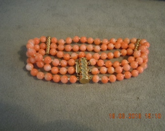 3 Strand Coral Bracelet with 14K gold-16.41 grams -knotted - 5mm beads